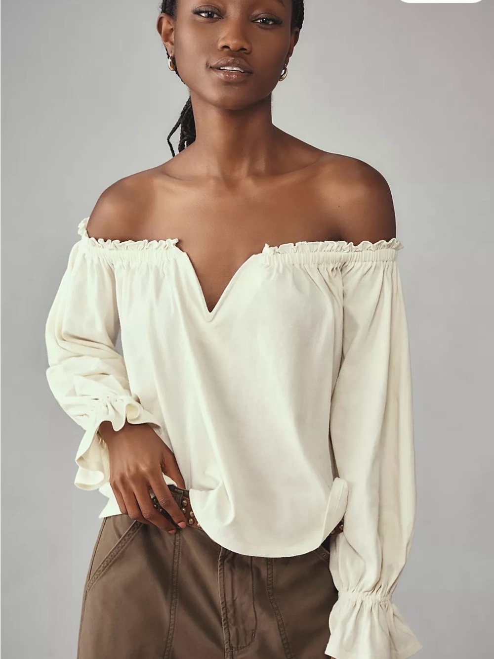 Anthropologie Off-Shoulder V-Notch Swing Blouse in Cream Size S
